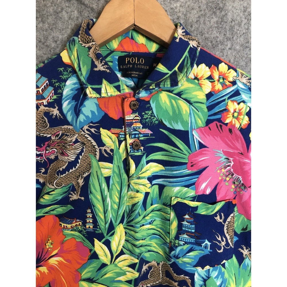 Ralph Lauren Shirt Men Medium Polo Hawaiin Dragon Featherweight Mesh Golf Casual